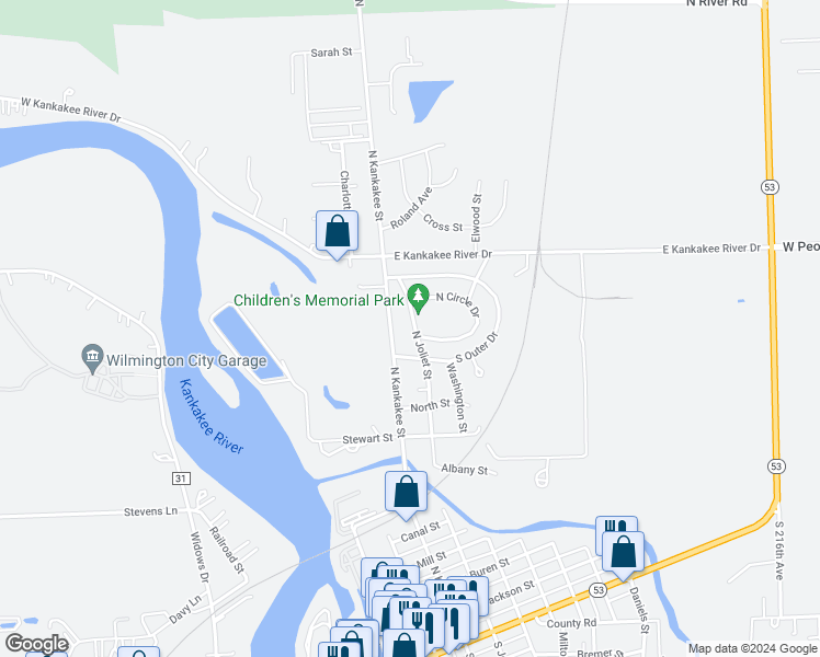 map of restaurants, bars, coffee shops, grocery stores, and more near 1107 North Kankakee Street in Wilmington
