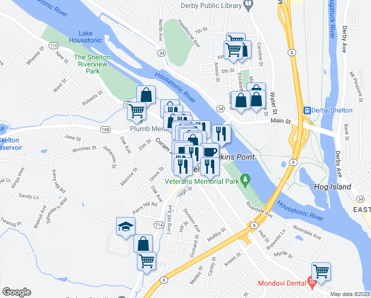 map of restaurants, bars, coffee shops, grocery stores, and more near 486 Howe Avenue in Shelton