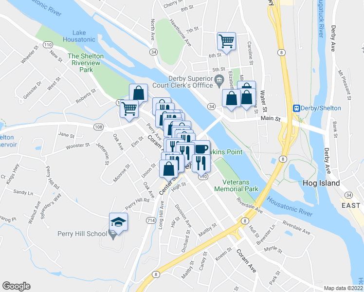 map of restaurants, bars, coffee shops, grocery stores, and more near 72 Canal Street West in Shelton