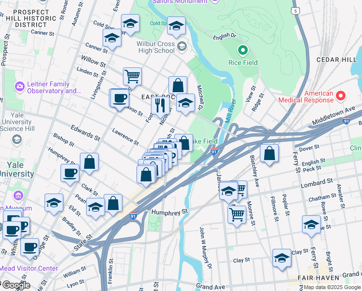 map of restaurants, bars, coffee shops, grocery stores, and more near 63 Mechanic Street in New Haven