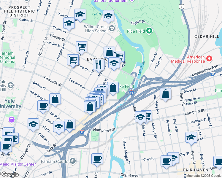 map of restaurants, bars, coffee shops, grocery stores, and more near 63 Mechanic Street in New Haven