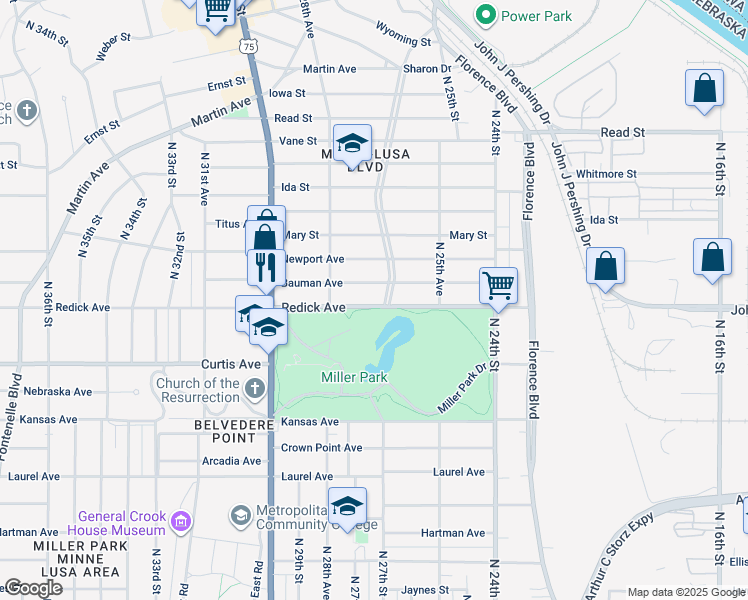 map of restaurants, bars, coffee shops, grocery stores, and more near 2708 Redick Avenue in Omaha