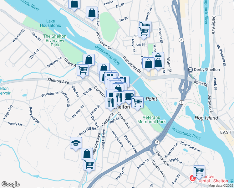 map of restaurants, bars, coffee shops, grocery stores, and more near 469 Howe Avenue in Shelton