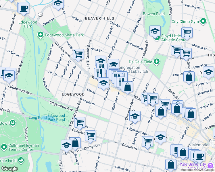 map of restaurants, bars, coffee shops, grocery stores, and more near 390 Whalley Avenue in New Haven