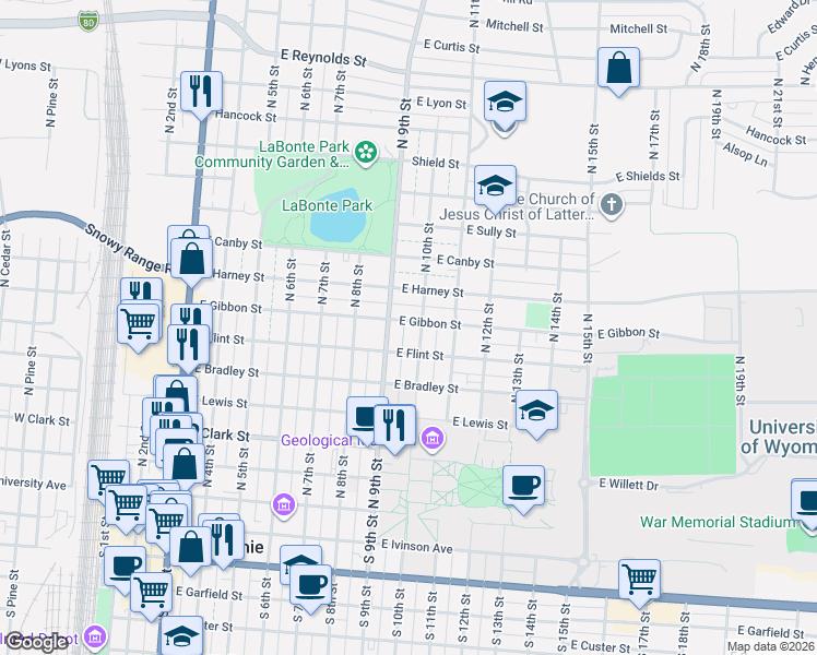 map of restaurants, bars, coffee shops, grocery stores, and more near in Laramie