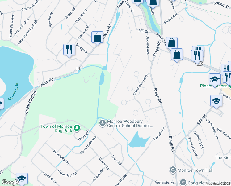 map of restaurants, bars, coffee shops, grocery stores, and more near 414 Hillside Road in Monroe