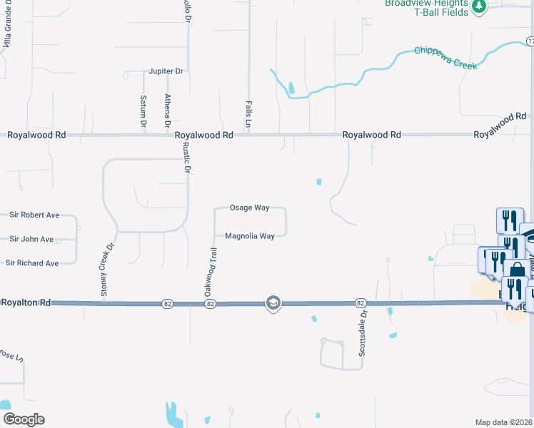 map of restaurants, bars, coffee shops, grocery stores, and more near 3079 Osage Way in Broadview Heights