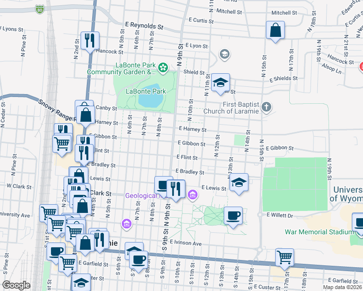 map of restaurants, bars, coffee shops, grocery stores, and more near 659 North 10th Street in Laramie
