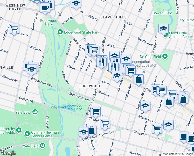 map of restaurants, bars, coffee shops, grocery stores, and more near 61 Brownell Street in New Haven