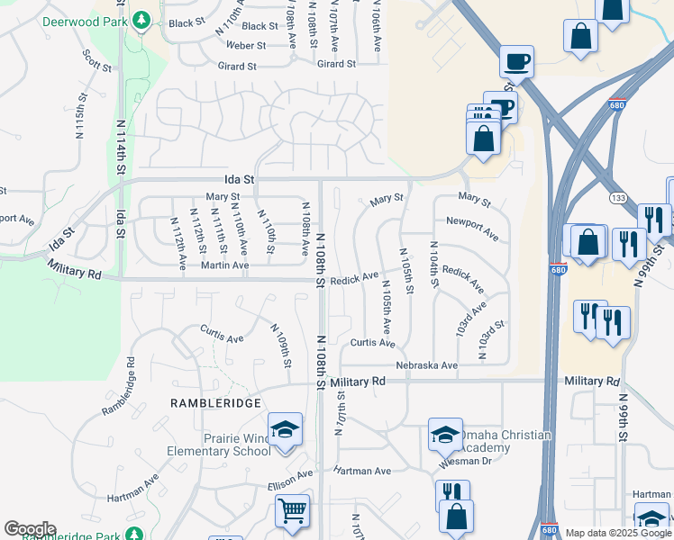 map of restaurants, bars, coffee shops, grocery stores, and more near 6471 North 107th Court in Omaha