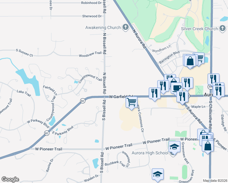 map of restaurants, bars, coffee shops, grocery stores, and more near 353 Saint Rt 82 in Aurora