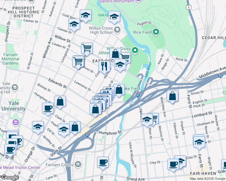 map of restaurants, bars, coffee shops, grocery stores, and more near 49 Mechanic Street in New Haven