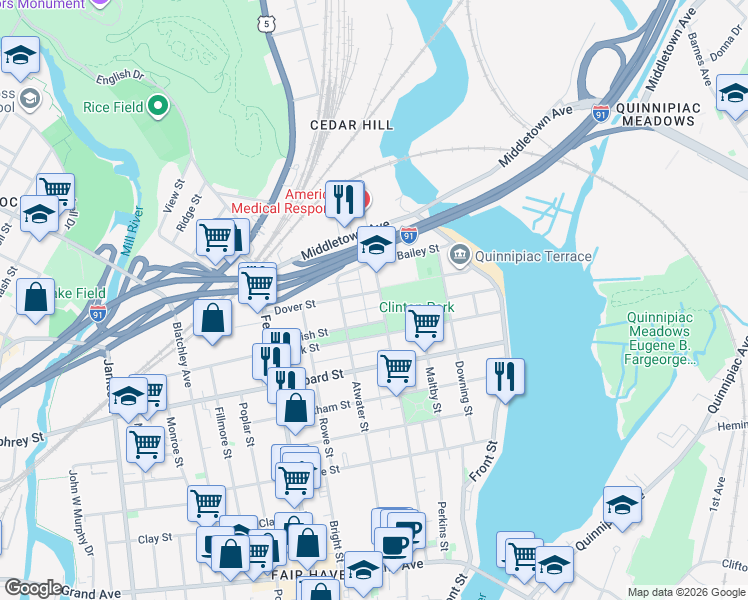 map of restaurants, bars, coffee shops, grocery stores, and more near 276 Clinton Avenue in New Haven
