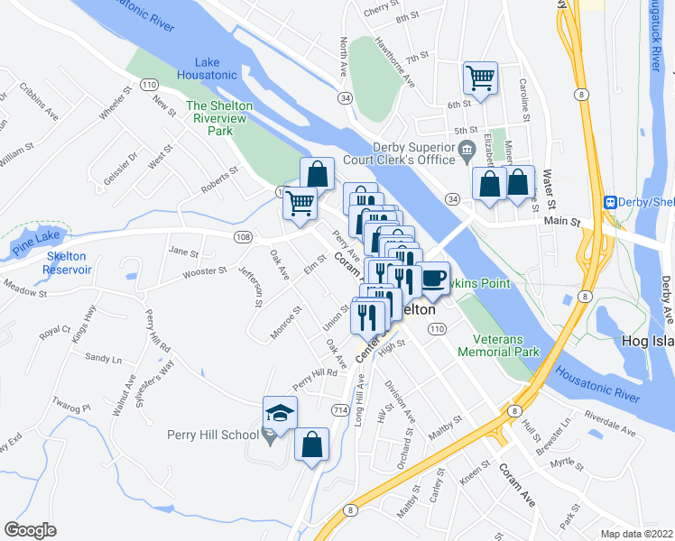 map of restaurants, bars, coffee shops, grocery stores, and more near 420 Coram Avenue in Shelton