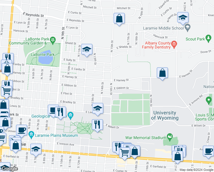 map of restaurants, bars, coffee shops, grocery stores, and more near 1414 East Gibbon Street in Laramie