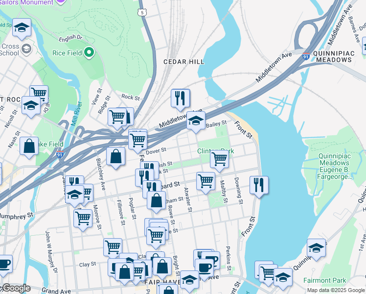 map of restaurants, bars, coffee shops, grocery stores, and more near 203 Atwater Street in New Haven