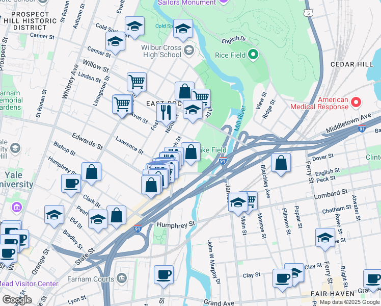 map of restaurants, bars, coffee shops, grocery stores, and more near 49 Mechanic Street in New Haven