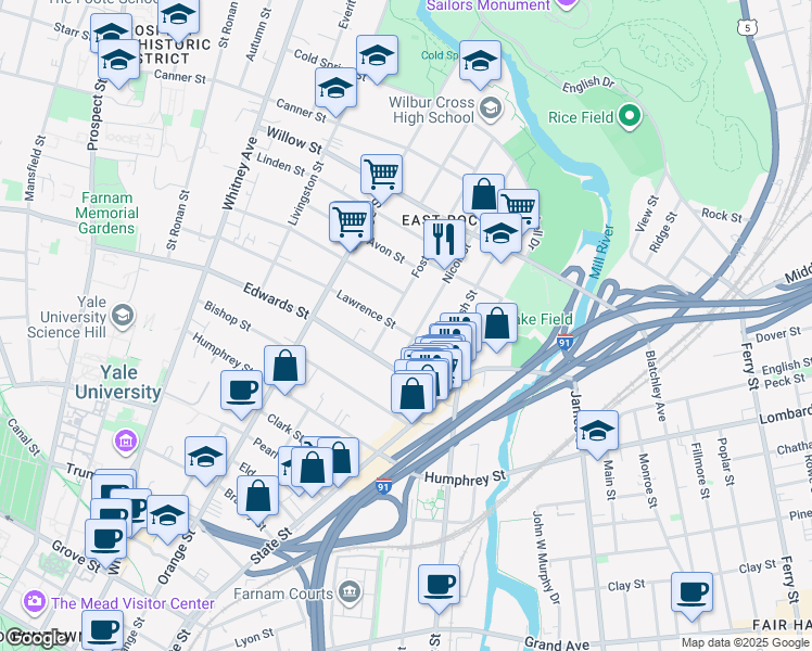 map of restaurants, bars, coffee shops, grocery stores, and more near 63 Lawrence Street in New Haven