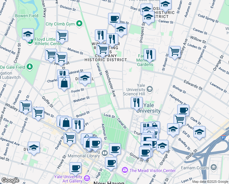 map of restaurants, bars, coffee shops, grocery stores, and more near 63 Winchester Avenue in New Haven