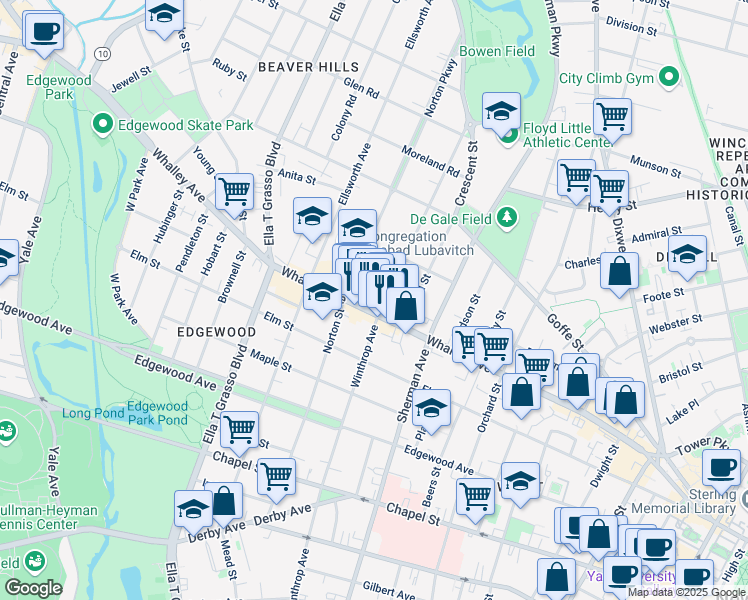 map of restaurants, bars, coffee shops, grocery stores, and more near 366 Whalley Avenue in New Haven