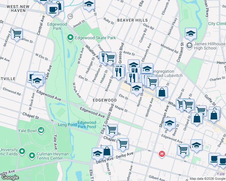 map of restaurants, bars, coffee shops, grocery stores, and more near 61 Brownell Street in New Haven
