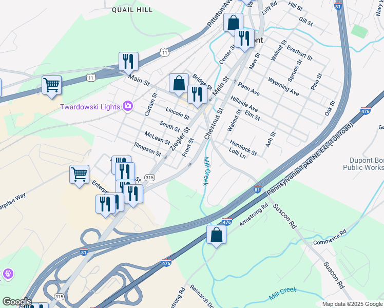 map of restaurants, bars, coffee shops, grocery stores, and more near Chestnut Street in Dupont