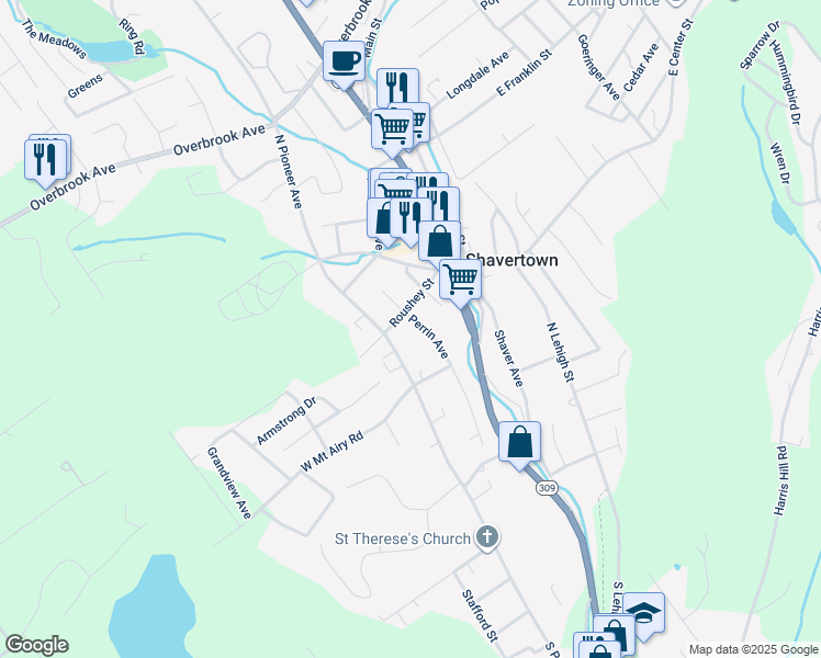 map of restaurants, bars, coffee shops, grocery stores, and more near 99 North Pioneer Avenue in Shavertown