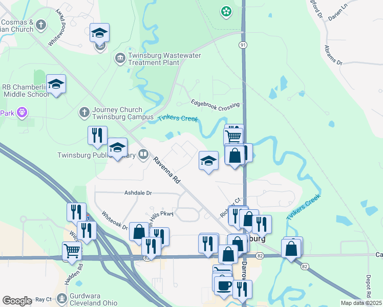 map of restaurants, bars, coffee shops, grocery stores, and more near 2638 Arbor Glen Drive in Twinsburg