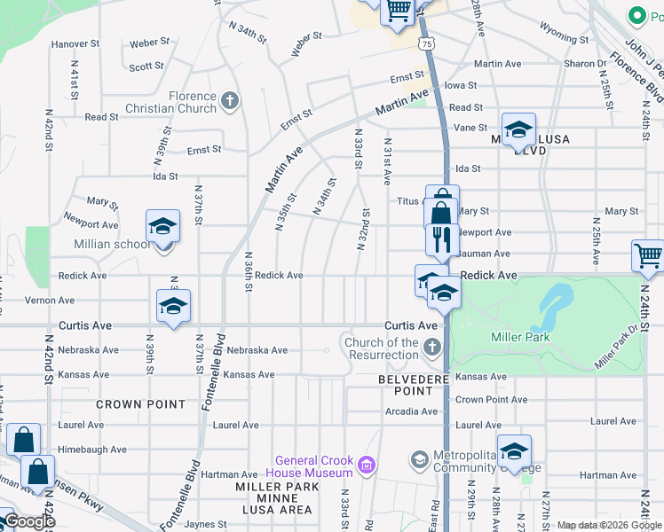 map of restaurants, bars, coffee shops, grocery stores, and more near 6353 North 33rd Avenue in Omaha