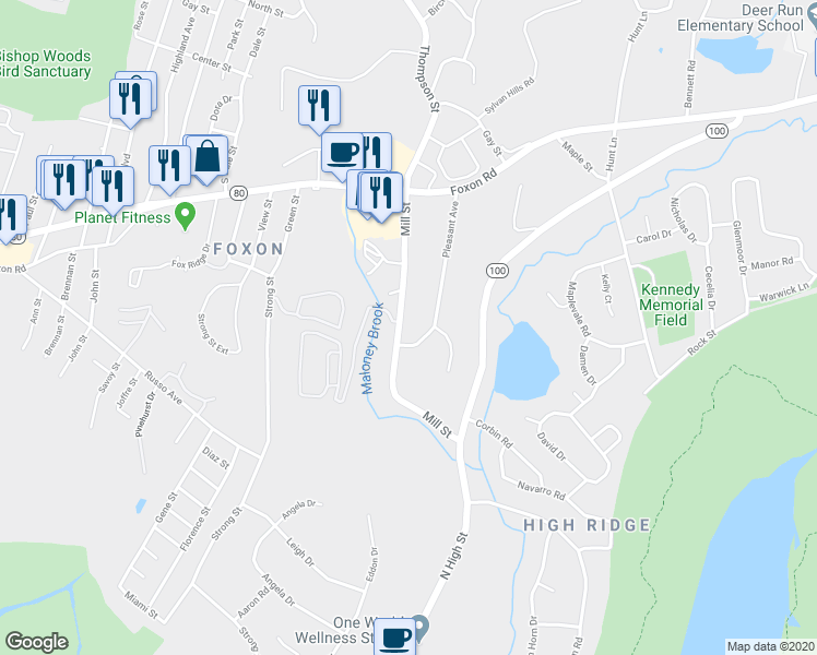 map of restaurants, bars, coffee shops, grocery stores, and more near 137 Mill Street in East Haven