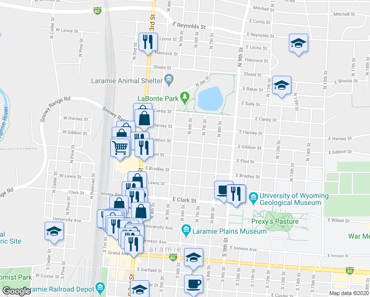 map of restaurants, bars, coffee shops, grocery stores, and more near 664 North 6th Street in Laramie