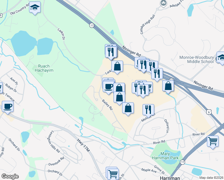 map of restaurants, bars, coffee shops, grocery stores, and more near 128 Bailey Farm Road in Monroe