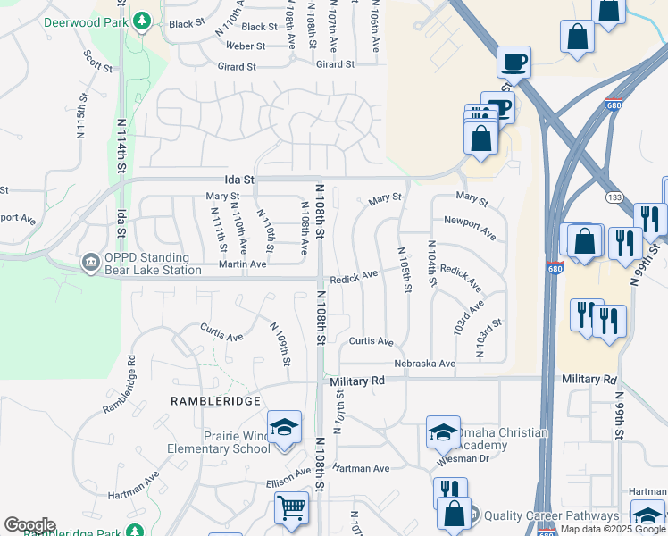 map of restaurants, bars, coffee shops, grocery stores, and more near 6471 North 107th Court in Omaha