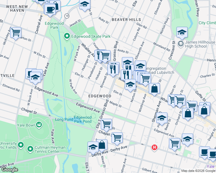 map of restaurants, bars, coffee shops, grocery stores, and more near 61 Brownell Street in New Haven