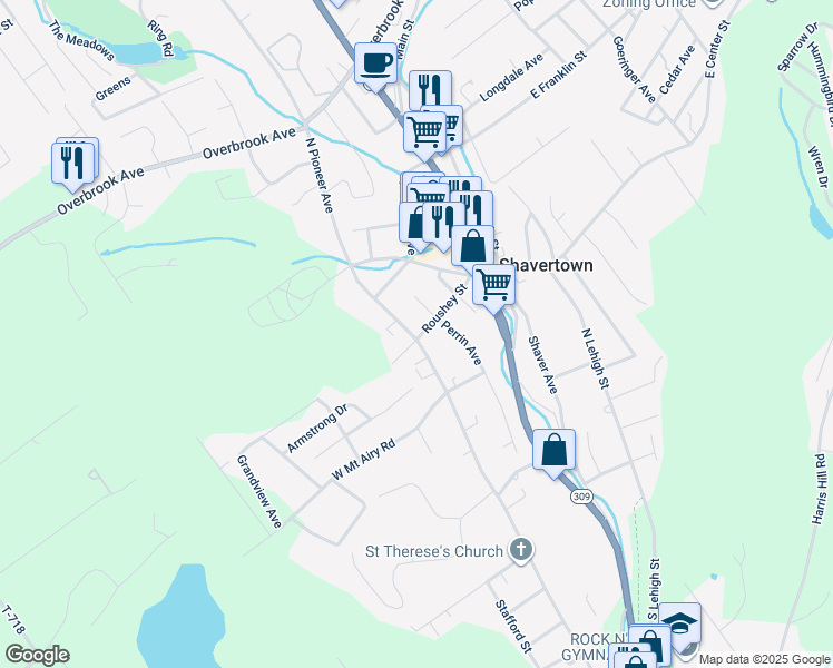 map of restaurants, bars, coffee shops, grocery stores, and more near 111 North Pioneer Avenue in Shavertown