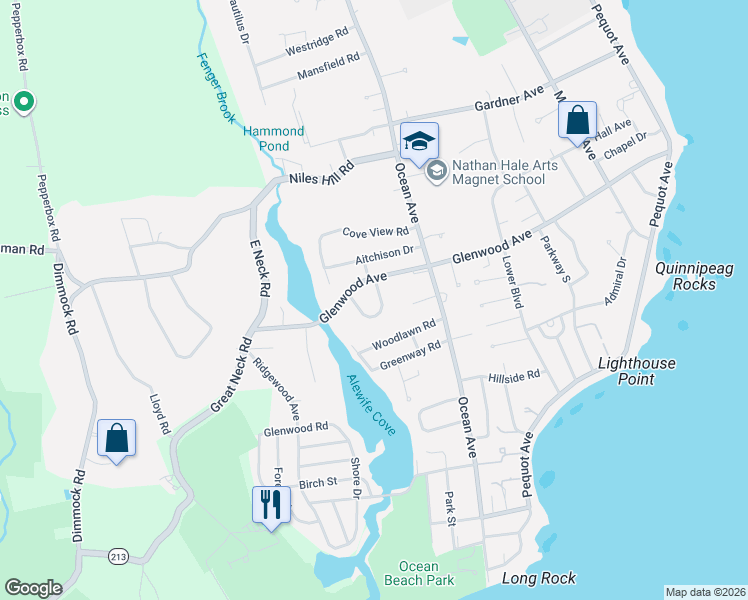 map of restaurants, bars, coffee shops, grocery stores, and more near 15 Glenwood Place in New London
