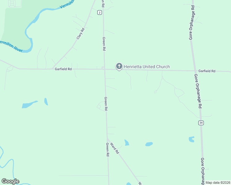 map of restaurants, bars, coffee shops, grocery stores, and more near 11923 Green Road in Wakeman