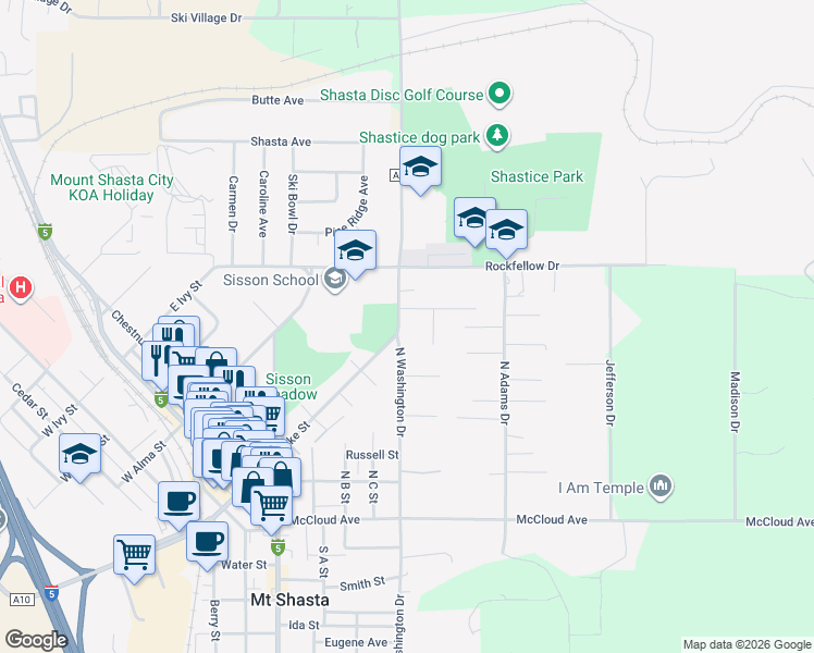 map of restaurants, bars, coffee shops, grocery stores, and more near 509 Sarah Bell Street in Mount Shasta