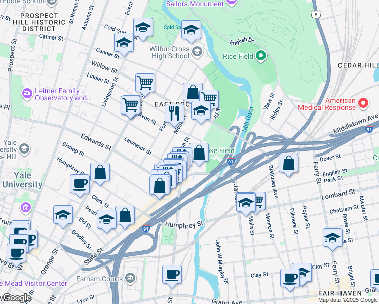 map of restaurants, bars, coffee shops, grocery stores, and more near 49 Mechanic Street in New Haven