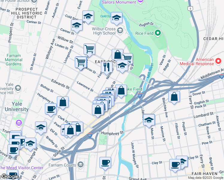 map of restaurants, bars, coffee shops, grocery stores, and more near 55 Nash Street in New Haven