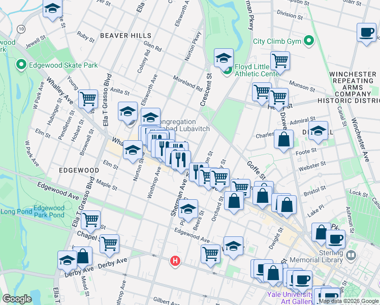 map of restaurants, bars, coffee shops, grocery stores, and more near 324 Sherman Avenue in New Haven