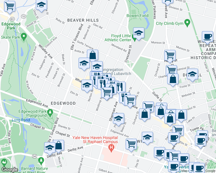 map of restaurants, bars, coffee shops, grocery stores, and more near 323 Whalley Avenue in New Haven