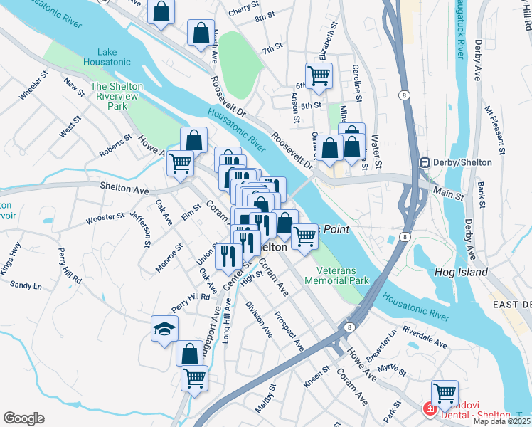 map of restaurants, bars, coffee shops, grocery stores, and more near 50 Bridge Street in Shelton
