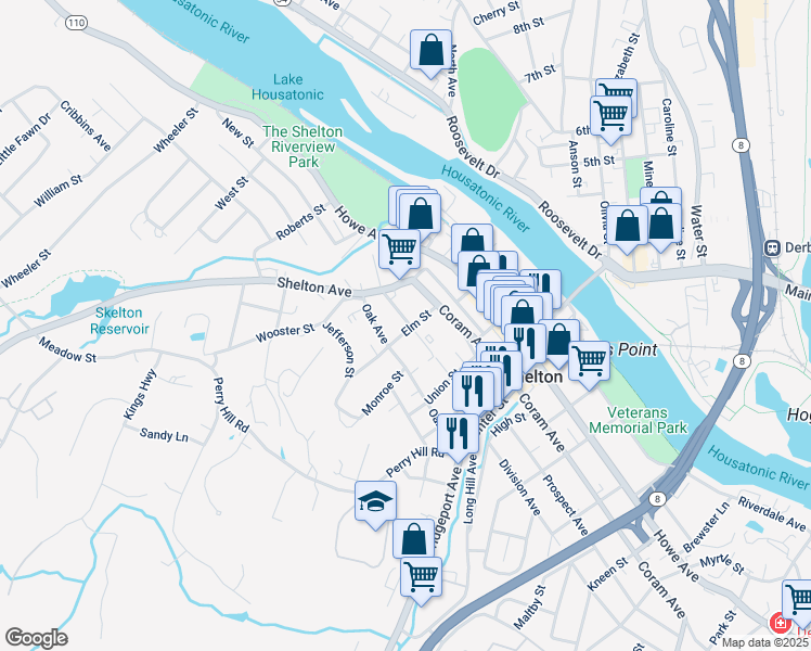 map of restaurants, bars, coffee shops, grocery stores, and more near 36 Elm Street in Shelton