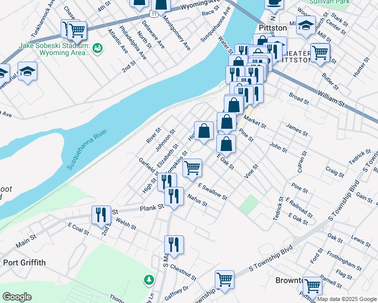 map of restaurants, bars, coffee shops, grocery stores, and more near 237 South Main Street in Pittston