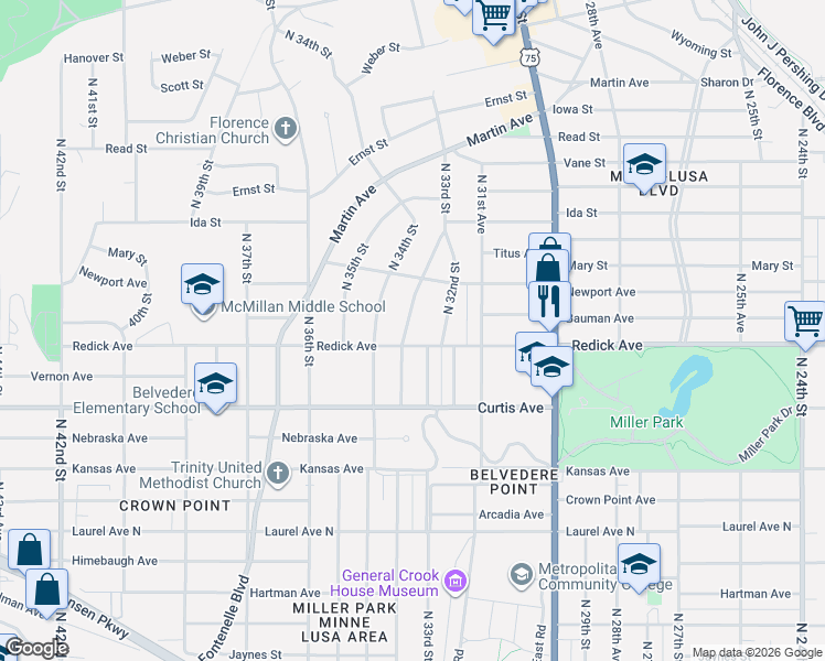 map of restaurants, bars, coffee shops, grocery stores, and more near 6353 North 33rd Avenue in Omaha