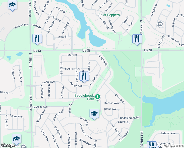 map of restaurants, bars, coffee shops, grocery stores, and more near 6436 North 149th Street in Omaha