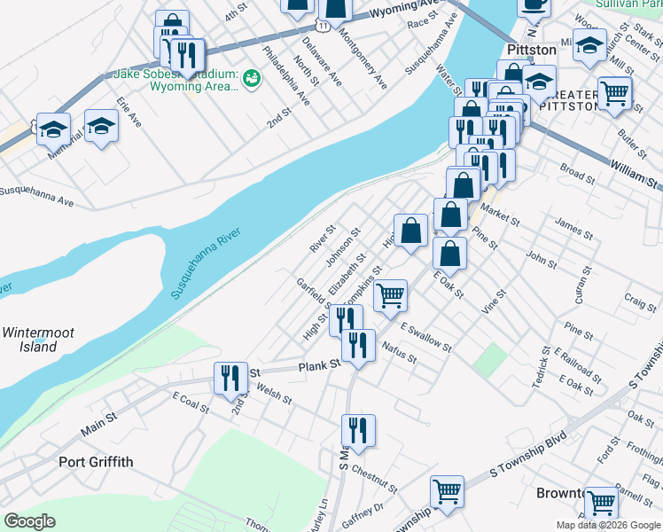 map of restaurants, bars, coffee shops, grocery stores, and more near 118 Johnson Street in Pittston
