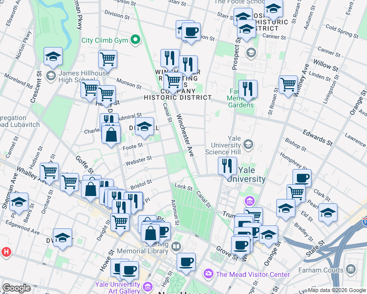 map of restaurants, bars, coffee shops, grocery stores, and more near 130 Winchester Avenue in New Haven
