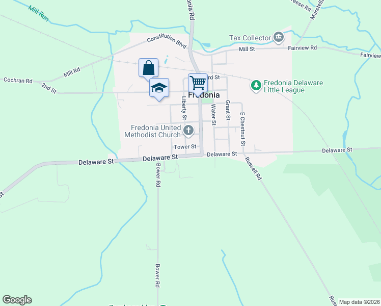 map of restaurants, bars, coffee shops, grocery stores, and more near 424 Delaware Street in Fredonia